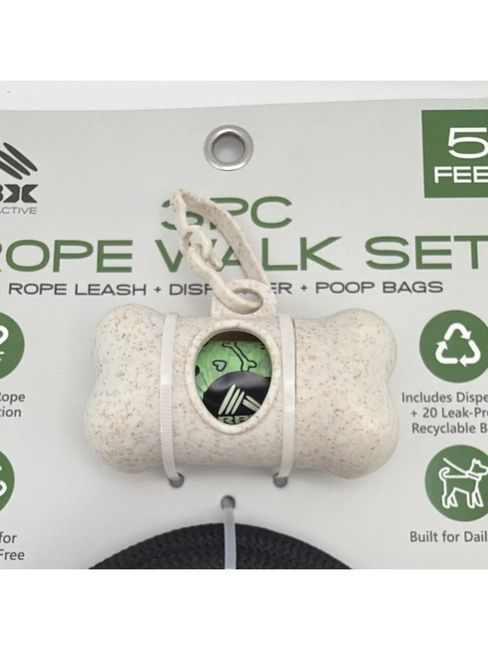 RBX Active 3PC Rope Walk Set 5 ft Rope Dog Leash, Dispenser & Poop Bags Black